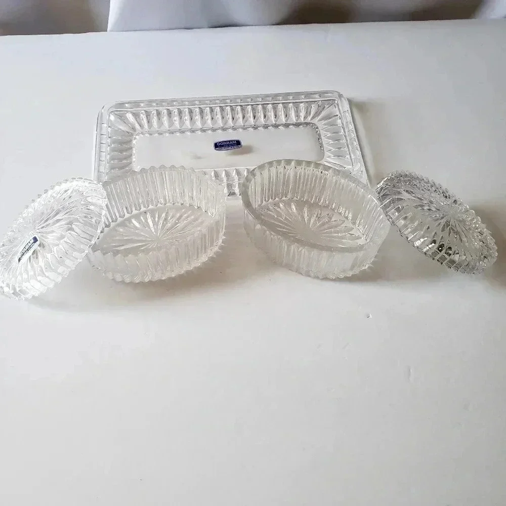 Gorham set of 3 pieces  Oval Shaped Full Lead Crystal Glass Trinket Jewelry Box
